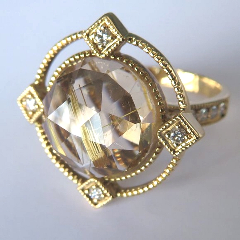 Natural Rutilated Quartz, Diamonds 18K Yellow Gold "My Spiritual Compass Ring
